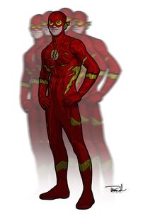 a drawing of the flash standing with his hands on his hips and two other men behind him