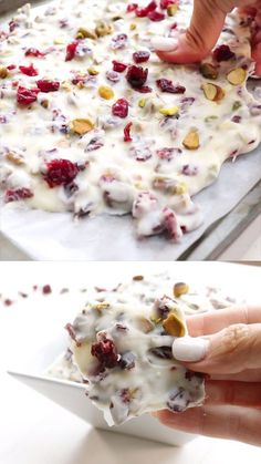 the process of making cranberry and pistachio desserts is shown here