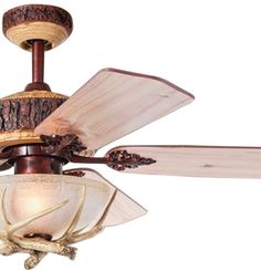 a ceiling fan with two wooden blades and a light fixture on the top of it