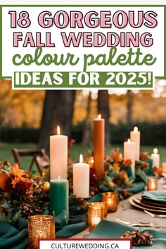 an outdoor table with candles and greenery on it for fall wedding colors palettes