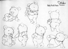 an image of baby pooh bear poses sketched in various positions and sizes on paper