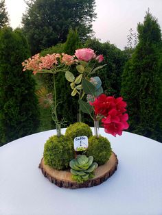 a table topped with flowers and moss covered vases on top of a wooden slice