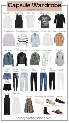 Capsule Wardrobe Checklist - 30+ Basics - Penny Pincher Fashion Wardrobe Checklist, Ultimate Capsule Wardrobe, Capsule Wardrobe Checklist, Capsule Wardrobe Women, Capsule Wardrobe Basics, Classic Capsule Wardrobe, Capsule Wardrobe Ideas, Capsule Wardrobe Essentials