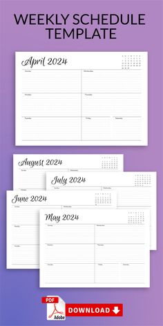 the printable weekly schedule is shown in three different colors and sizes, including one for each