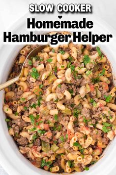 slow cooker hamburger helper recipe in a white bowl with text overlay that reads, slow cooker homemade hamburger helper