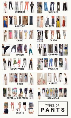 Types of Pant #pants #female #body Types Of Trousers For Women, Types Of Styles Fashion, Pants Fashion Design, Fashion Styles Types, Mindset Therapy, Types Of Clothing Styles, Types Of Trousers, Korean Pants, Types Of Shorts