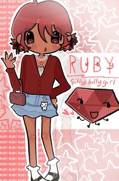 a girl with pink hair and red shirt is standing in front of an object that says ruby