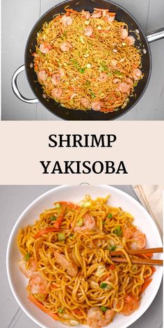 shrimp yakisoba in a skillet with chopsticks on the side