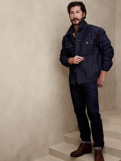 Striking a balance between ruggedly handsome workwear and plush fabrication, this denim jacket is made from sturdy selvedge denim, woven from organic cotton and finished all the bells and whistles of a classic jean jacket.  WARM: Unlined and perfect Classic Rigid Denim Outerwear For Fall, Dark Wash Selvedge Outerwear For Work, Fall Denim Blue Rigid Denim Outerwear, Relaxed Fit Rigid Denim Jacket For Fall, Long Sleeve Rigid Denim Outerwear For Fall, Classic Dark Wash Rigid Denim Outerwear, Dark Wash Cotton Denim Jacket With Welt Pockets, Relaxed Fit Dark Wash Rigid Denim Jacket, Relaxed Fit Dark Wash Denim Jacket