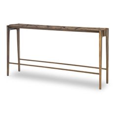 an iron and wood console table with two metal bars on each side, against a white background