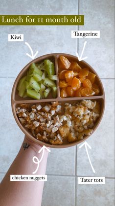 a person holding a plate with different foods in it and labeled on the side, including carrots, kiwi, tangerine, chicken nuggies, tater tots