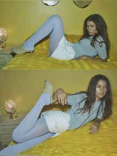 #fall #falloutfitideas #zendaya #fashioninspiration #fashion #blue Zendaya Petra Collins, Zendaya Blue Tights, 60s Colorful Tights, Wish Upon A Star Movie Outfits, Light Blue Tights Outfit, Zendaya Outfits 2024, Colored Tights Outfit Aesthetic, Colored Tights Outfit 60s, Blue Fall Aesthetic