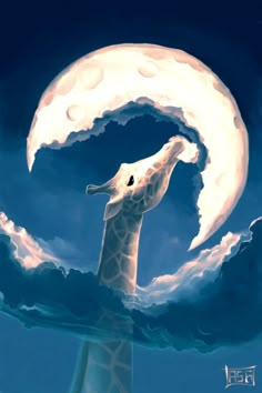 a giraffe standing in front of a cloudy sky with the moon behind it