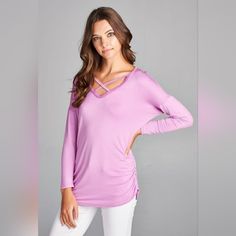 Long Sleeve Criss Cross Strappy Tunic Top. Braided Detail Around The Neckline. Ruching On The Sides. 95% Rayon 5% Spandex Nwt Chic Crisscross Stretch Tops, Chic Stretch Crisscross Tops, Trendy Stretch Crisscross Tops, Spring Versatile Crisscross Tops, Versatile Crisscross Tops For Spring, Versatile Spring Crisscross Tops, Stretch Purple Tops, Stretch Purple Elastane Tops, Emerald Fashion