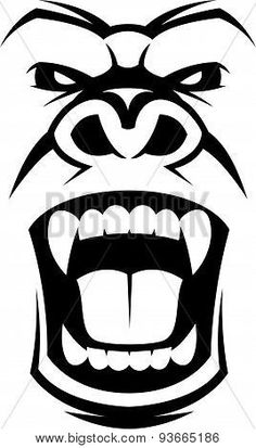 an angry gorilla's head with open mouth and sharp teeth, black and white