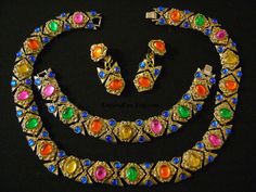 Fancy and Glam Colorful FRENCH Gripoix Poured Glass by lizystuff Multicolor Cabochon Costume Jewelry, Formal Jeweled Costume Jewelry Sets, Formal Costume Jewelry Sets With Jewels, Festive Multicolor Rhinestone Jewelry, Multi-stone Metal Jewelry For Party, Colorful French, Wedding Jewelry Sets, Antique Finish, Fashion Items