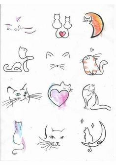 an image of cats with hearts and moon on their faces in watercolor pencils