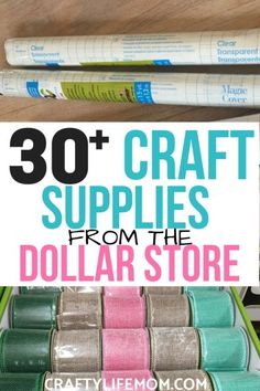 some craft supplies that are on top of a table with the words 30 crafts supplies from the dollar store