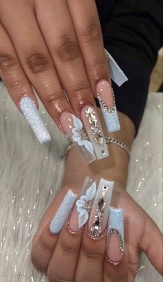 Nails Art Easy, Nails Art Simple, Nail Art 2022, Quinceanera Nails, Blue Acrylic Nails