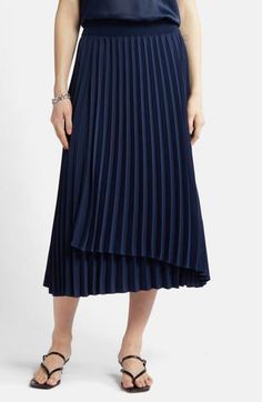 An elastic waist tops this flowy midi-length skirt accented with a layered design, asymmetric hem and easy-moving pleats. Elastic waist 100% polyester Dry clean Imported Navy Blazer, Midi Length Skirts, Asymmetric Hem, Layers Design, Midi Length, Elastic Waist, Womens Bottoms, Midi Skirt, Nordstrom