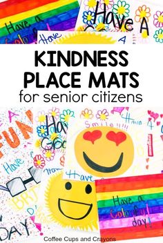 the words kindness place mats for senior citizens are shown in rainbows, hearts and smiley faces