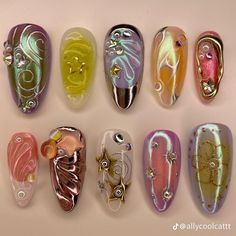 Maximalist Nail Art, Blue Funky Nails, Summer Funky Nails, Short Maximalist Nails, Hand Painted Nail Designs, Hailey Nails, Jellyfish Nails, Earth Nails, Maximalist Nails