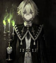 an anime character holding two candles in his hand and wearing a black outfit with white trim