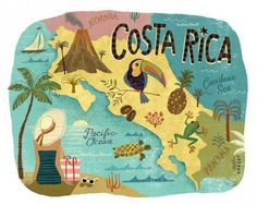 an illustrated map of costa rica with the words costa rica written in spanish on it