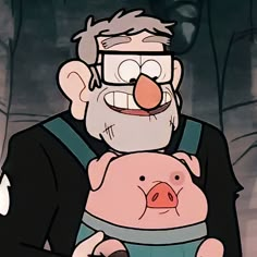 an animated man holding a pig in his arms