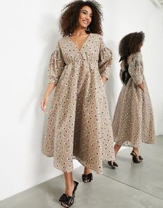 ASOS EDITION bow back midi dress in embroidered daisy in mushroom Dress With A Bow, Daisy Embroidery, Maxi Styles, Bow Back, Plus Size Kleidung, Tres Chic, Brown Dress, Embellished Dress, Nordstrom Dresses