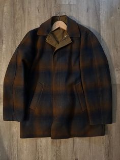 "Vintage Pendleton Jacket  - Rare  - 70s vintage  - Pendleton tagged  - Made in USA  - Reversible  - Plaid  - Solid underlay  Size: Large  22\" pit to pit  32\" shoulder to waistline  Good vintage condition No rips or holes  No stains" Vintage Brown Wool Outerwear, Vintage Outerwear With Snap Buttons For Outdoor, Vintage Outdoor Outerwear With Snap Buttons, Retro Brown Outerwear For Cold Weather, Retro Wool Plaid Outerwear, Vintage Plaid Outerwear For Outdoor, Vintage Sport Coat For Fall And Cold Weather, Vintage Fall Sport Coat For Cold Weather, Retro Wool Outerwear For Cold Weather