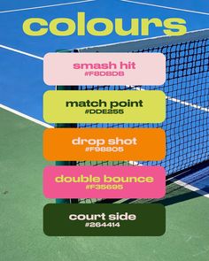 a tennis court with the words colours and match point in different font styles on it