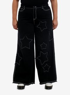 Look like a total rock star while keeping it casual in these black pants! They have a wide leg fit and feature frayed star patches down the legs and a raw hem. Comes with 5-pocket detailing and white contrast stitching.Please note: Style is fitted with no stretch; size up for a looser fit.100% cottonWash cold; dry lowRise: 14''Inseam: 31''ImportedModel is 5'10''Model wears size 16 Pants With Stars On Them, Billie Concert, Wide Leg Pants Plus Size, Wide Leg Pants Jeans, Plus Size Hot, Star Patches, Star Pants, Plus Size Looks, Pants Plus Size