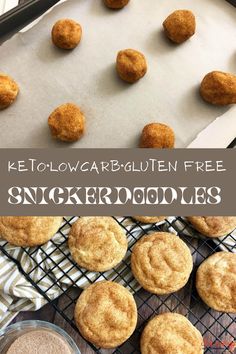 some cookies are on a cooling rack with the words, keto - low carb gluten free snickkerpoos