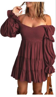 Wedding Guest Outfit | Dressy Outfit | Fall Dress | Long Sleeved Dress | Fall Outfit | Cute Maroon Dress | Fall Family Photos | Pumpkin Patch Outfit Short Skater Dress, Off Shoulder Fashion, Skater Dresses, Empire Waist Dress, Mini Short, Layer Dress, Flounce Sleeve