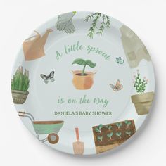 a paper plate with an image of plants and potted plants on it, says a little sprout is on the way danielle's baby shower