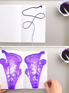 two pictures of purple vases being drawn on paper