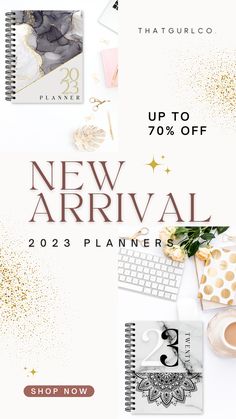 the new arrival flyer is shown with gold confetti and other items on it