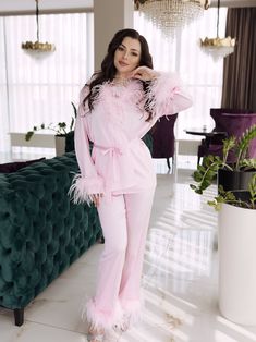 Discover our luxurious pink pajamas, featuring a stunning ostrich feather boa. Perfect for your wedding night or honeymoon, these handmade pajamas offer unparalleled elegance and comfort. Shop now for premium bridal nightwear. Why Choose Our White Bride Pajamas with Ostrich Feather Boa? 1) Exquisite Design: The addition of the luxurious ostrich feather boa sets these pajamas apart, making you feel extra special on your big day. 2) Ultimate Comfort: Soft, breathable fabric ensures you stay comfor Elegant Pink Loungewear Set, Elegant Pink Sleepwear For Wedding Night, Elegant Pink Long Sleeve Sleepwear, Elegant Pink Sleepwear For Loungewear, Elegant Pink Sleepwear For Pajama Party, Feminine Pink Sets For Sleepovers, Pink Feminine Sleepwear Sets, Pink Feminine Sleep Sets, Elegant Pink Sleepwear For Sleepovers