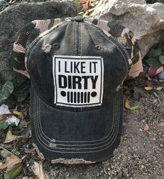 Details Vintage Distressed Trucker Cap "I Like It Dirty"Color: Black Camo Distressed Material: Cotton/Polyester blend, Mesh backSize: One size fits most, with an adjustable snapback strap. Unisex cap. Distressed Trucker Hat For Streetwear, Distressed Snapback Dad Hat For Outdoor, Distressed Adjustable Trucker Hat For Streetwear, Distressed Snapback Baseball Cap, Distressed Snapback Baseball Hat, Adjustable Distressed Trucker Hat For Streetwear, Distressed Adjustable Snapback Baseball Hat, Adjustable Distressed Trucker Baseball Cap, Adjustable Distressed Trucker Hat Baseball Cap