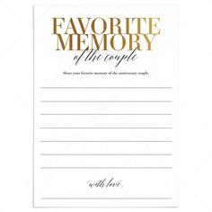 a card with the words favorite memory written in gold foil on it, and a handwritten