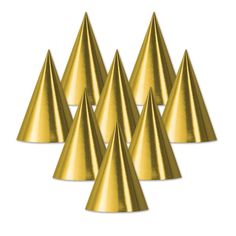 six gold party hats are arranged in a pyramid pattern on a white background with clipping for text