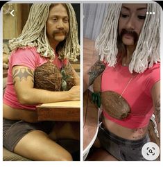 a woman with dreadlocks sitting at a table next to a man in a pink shirt