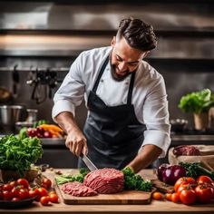 a man in an apron chopping meat on a cutting board surrounded by fresh vegetables