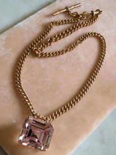 Spectacular Kunzite and Rose Gold Necklace Antique Watch Chain - Etsy Canada Formal Gold Chain Necklace With Gemstone, Timeless Pendant Chain Necklace For Formal Occasions, Timeless Formal Pendant Chain Necklace, Elegant Rose Gold Chain Necklace For Formal Events, Formal Square Pendant Box Chain Jewelry, Evening Yellow Gold Jewelry With Box Clasp, Luxury Jeweled Chain Necklace As Gift, Luxury Jeweled Chain Necklace Gift, Luxury Gemstone Necklaces For Evening