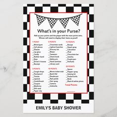 a black and white checkerboard baby shower game with the words what's in your purse?