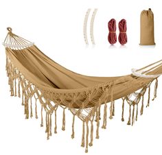 a hammock with two pillows and accessories