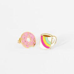 Coffee & Donut Earrings - Yellow Owl Workshop Trendy Round Plug Earrings As Gift, Trendy Round Plug Earrings For Gifts, Trendy Gold Internally Threaded Earrings, Everyday Gold Enamel Earrings, Trendy Gold Enamel Earrings, Trendy Gold Plug Earrings For Gift, Cadmium-free Gold Plated Earrings For Gift, Trendy Enamel Earrings For Gift, Cute Gold Enamel Jewelry