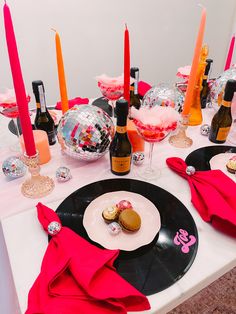 pink, orange, and red disco place setting Glitzy And Glam Party, 70s Brunch Party, Disco Bach Theme, Disco Brunch Decor, Megan Thee Stallion Bachelorette Party, Two Groovy Disco Party, Disco Place Setting, Disco Thirty Birthday, Disco Theme Table Setting