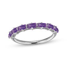 Add this gemstone ring to bring a burst of color to your ring stack. Styled in sterling silver Vibrant baguette-cut amethysts are set along the top This slender style is also attractive when worn alone Amethyst is the birthstone of February Purple Gemstone Rings With Baguette Cut, Purple Gemstone Baguette Cut Rings, Purple Amethyst Rings With Baguette Cut, Purple Baguette Cut Gemstone Rings, Purple Amethyst Baguette Cut Ring, Baguette Cut Amethyst Ring In Purple, Purple Baguette Cut Amethyst Ring, Purple Gemstone Stackable Rings Fine Jewelry, Burst Of Color